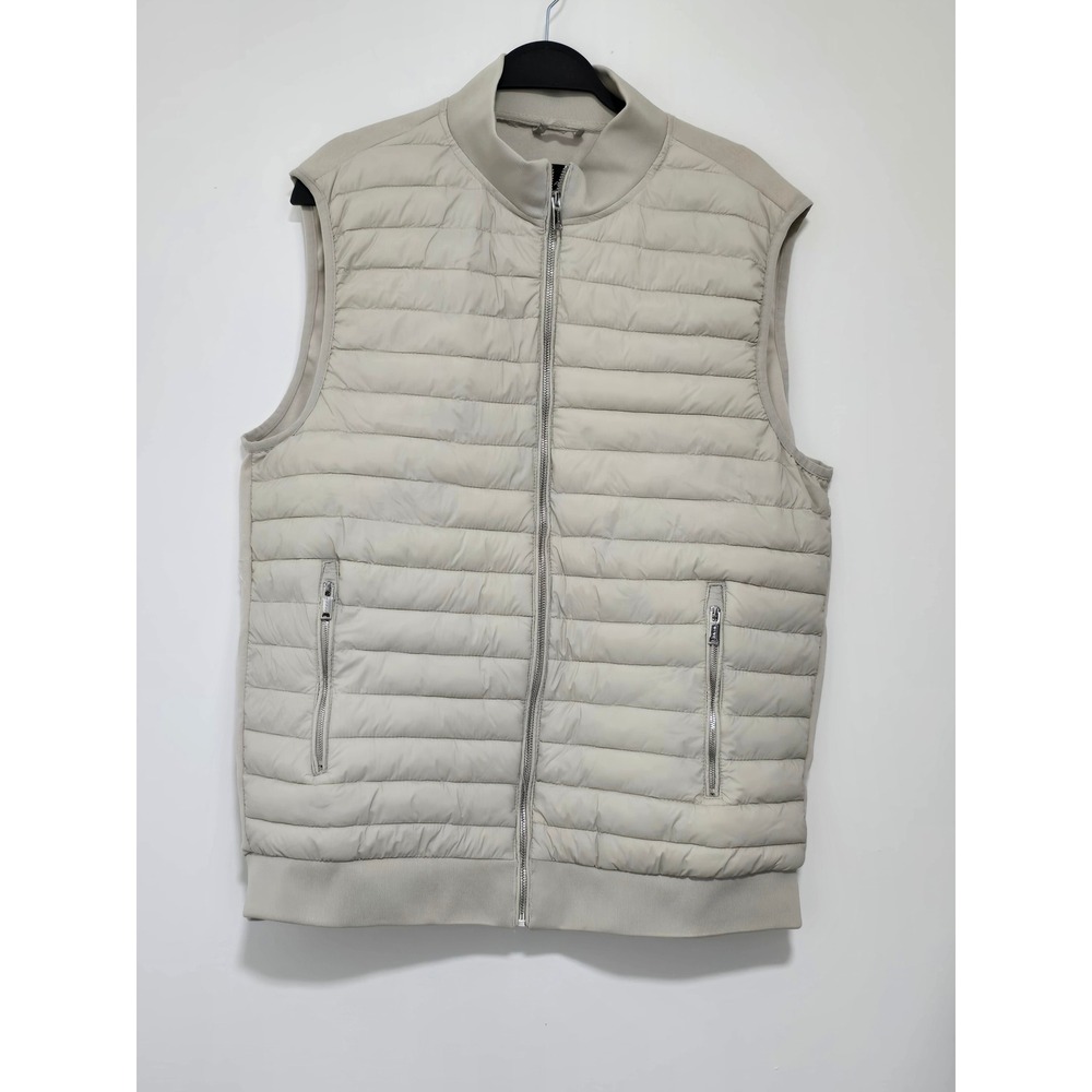 Tahari Puffer Vest Mens XL Beige Quilted Knit Hybrid Full Zip Mock Neck Jacket